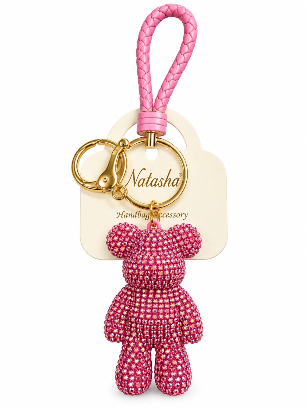 Natasha Large Pink Rhinestone Teddy Bear Handbag Charm Keychain – 3.5”